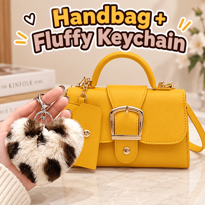 TEMU Cute Women Mini Handbag, Crossbody Bag With Detachable Strap, Random Gift Heart Fluffy Keychain, Fashion Shoulder Purse For Daily Party