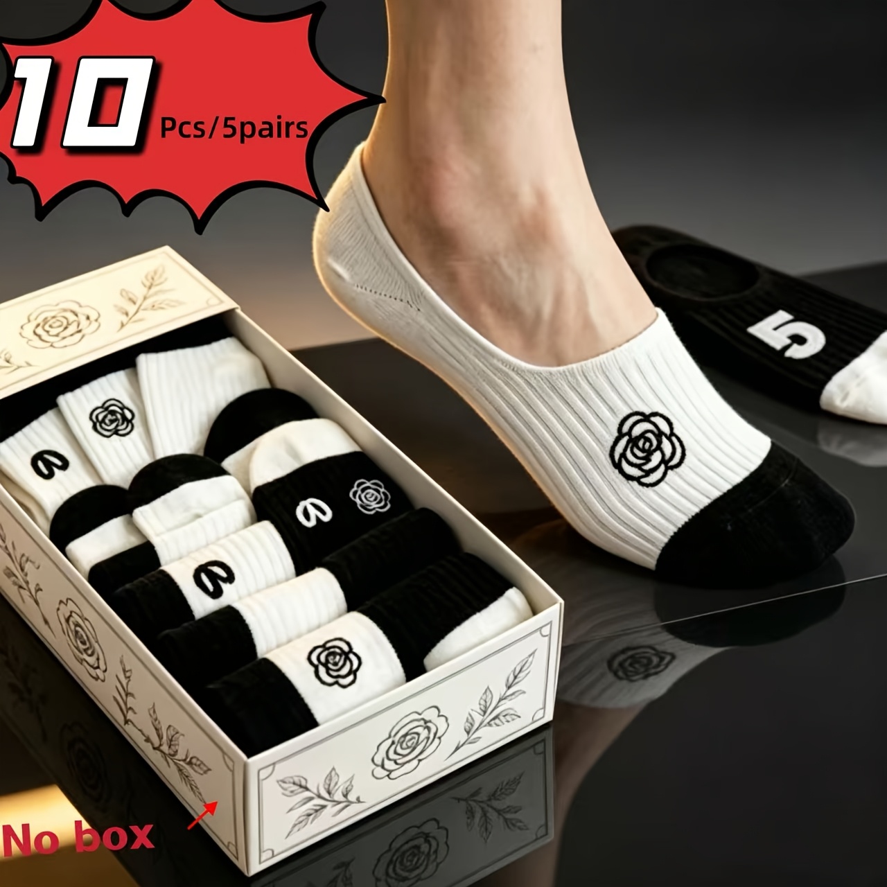 TEMU 10pcs/5 Pairs Women's Invisible Ankle Socks, Breathable And Sweat-absorbent, Comfortable And Non-slip, /summer/autumn Style With Cute Floral And