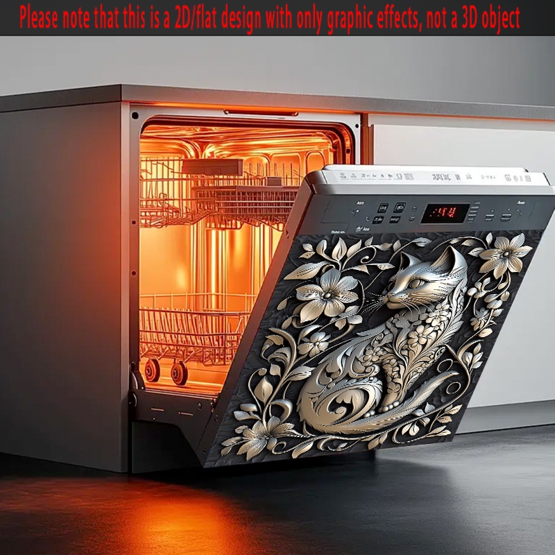TEMU 1pc 2d/flat Metal Engraved Cat Dishwasher Cover - Waterproof Refrigerator Door Sticker, Easy-clean Appliance Panel Decal, Size 23.03 X 25.,