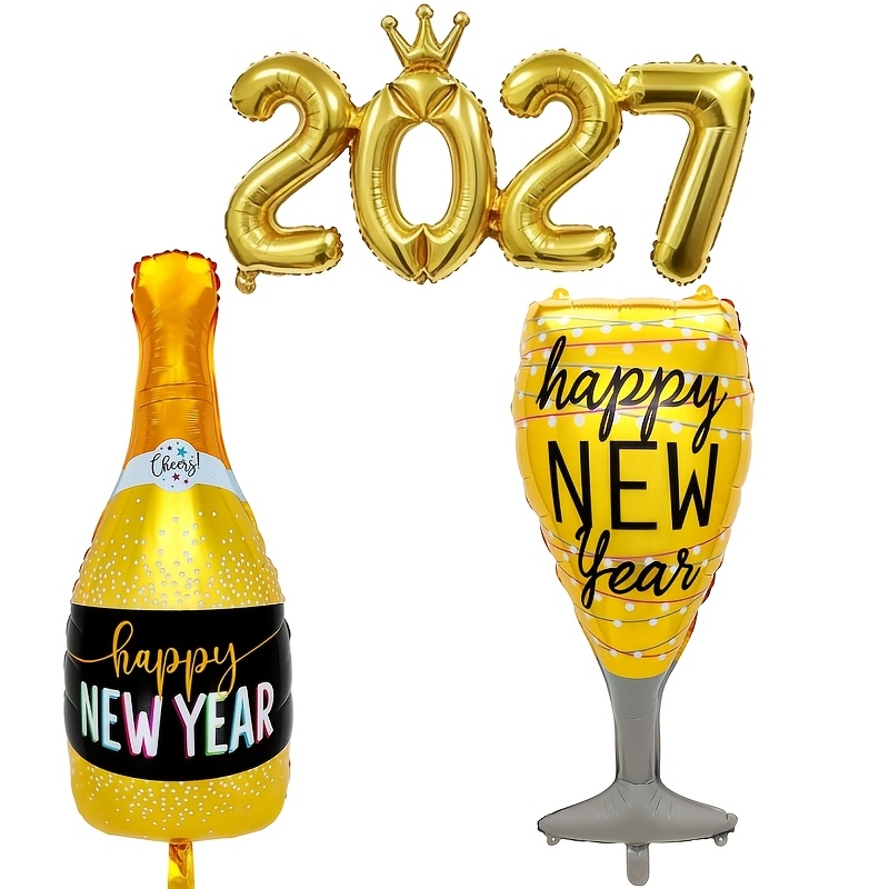 TEMU 3pcs Set Black And Golden New Year Wine Bottle Crown 2027 Number Shaped Party Balloon Set For New Year's Eve Party Decorations, Christmas Ball,