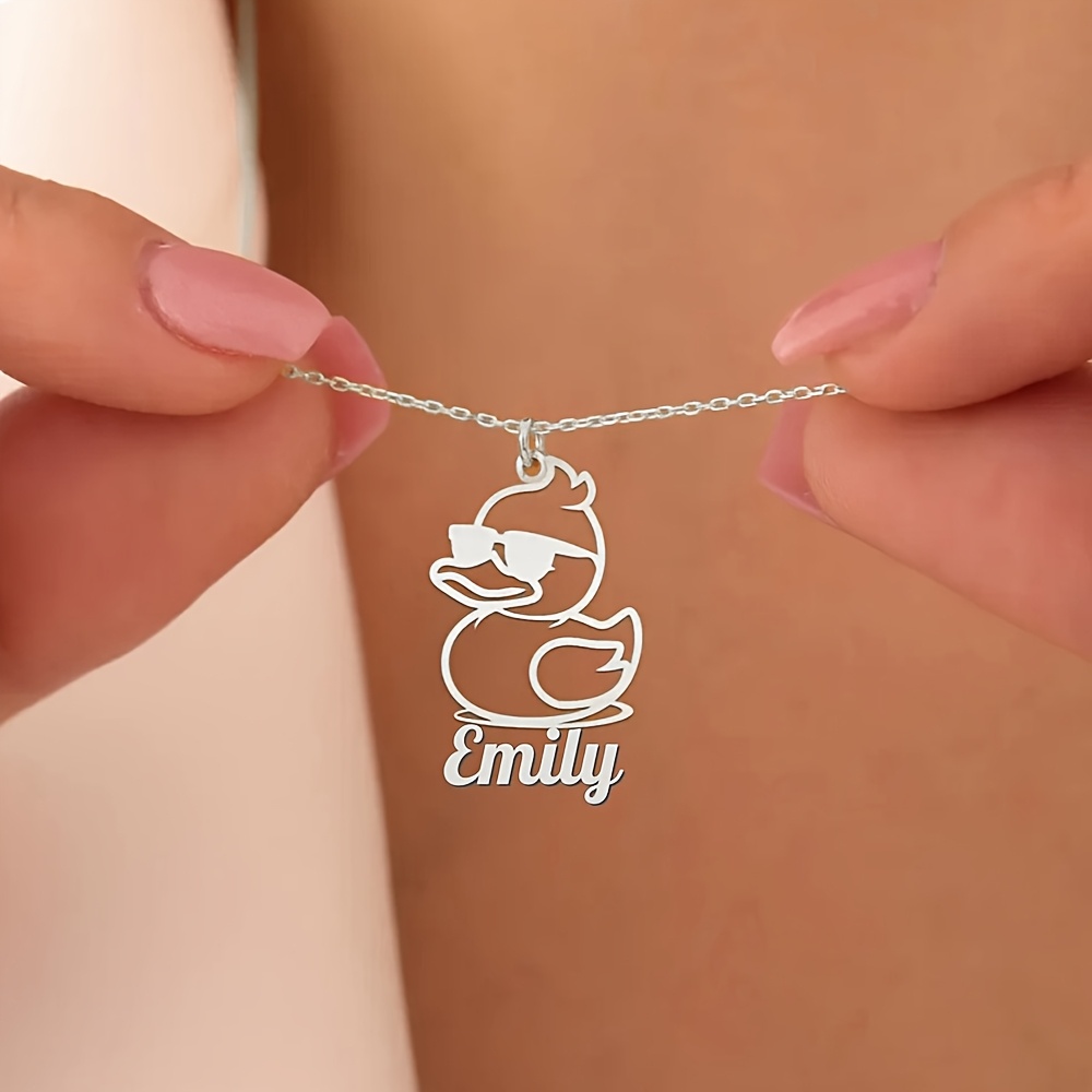 TEMU Custom Cute Duck Name Necklace, Personalized Glasses Duck Necklace, Stainless Steel Simple Nameplate Pendant Necklace, Swimming Duck Necklace,