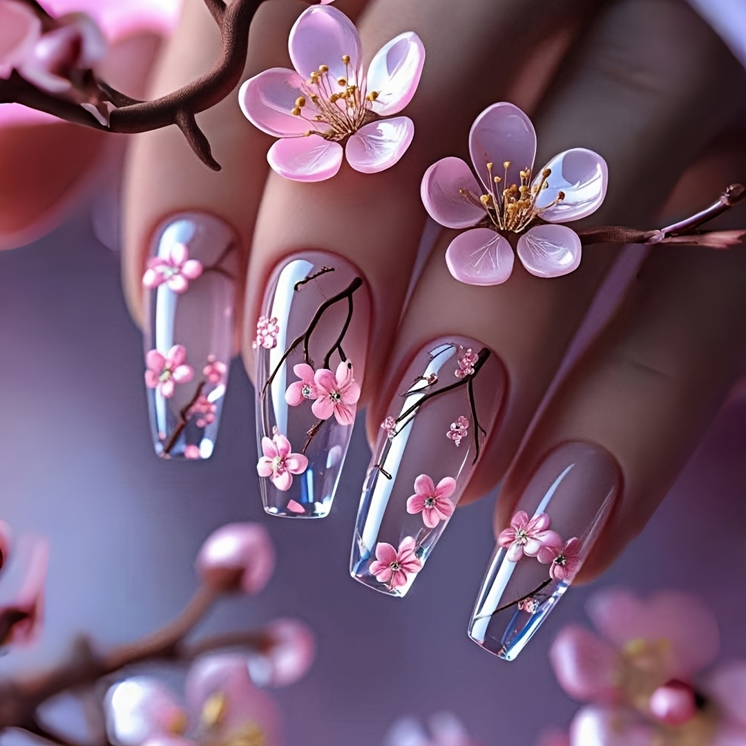 E-shop Frühlings- und Sommer Pink Süße Pfirsichblüten Transparente Glas Aufdrück-Nägel