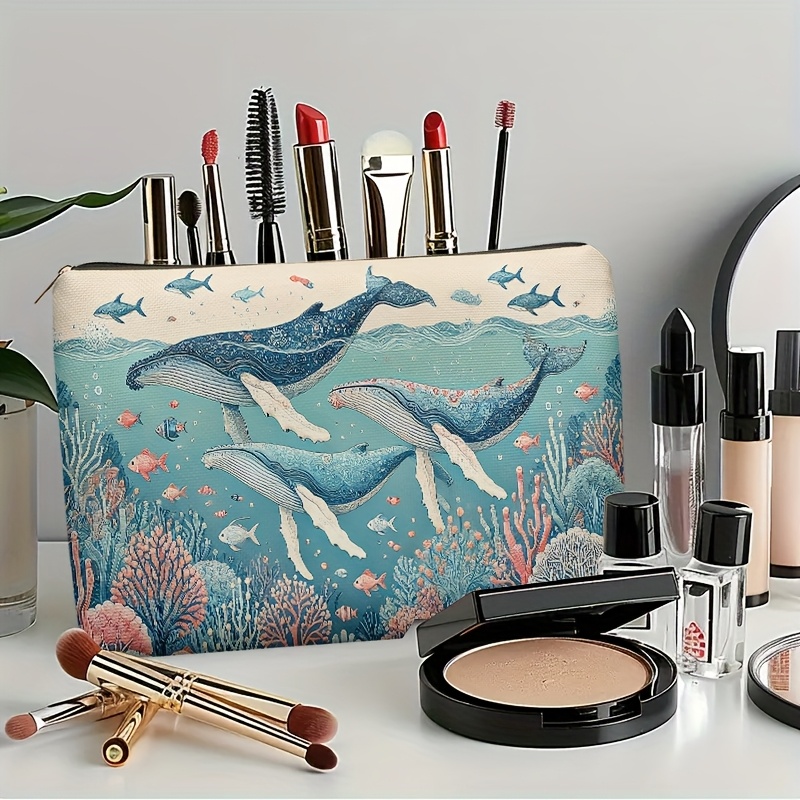 TEMU 1pc Whale & Coral Toiletry Bag - Multifunctional Travel With Zipper Closure, Lightweight Suitable For Medication, Stationery &, Machine Washable