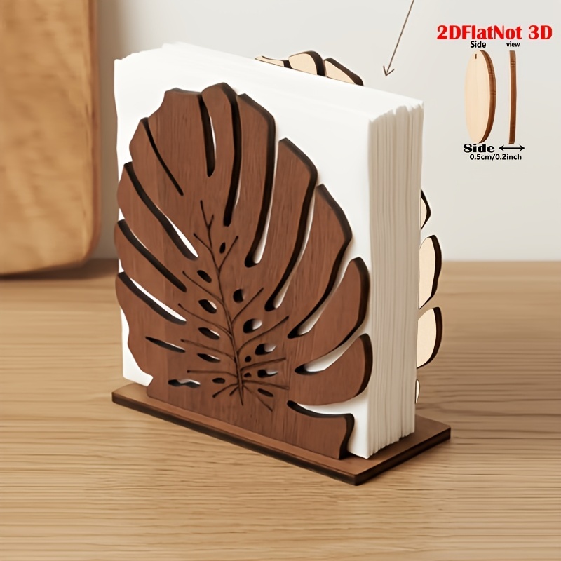 TEMU 2d Flat, Rustic-style Monstera Design Wooden Napkin Holder, Suitable For Decorating Kitchen Countertops, Creative Dining Table Napkin Organizer,