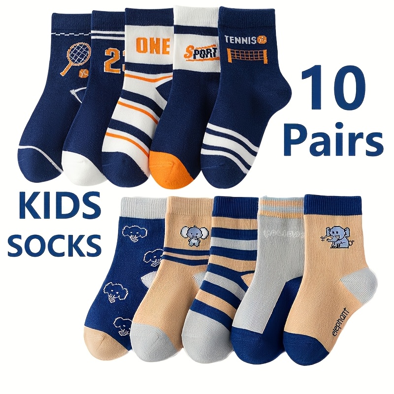 Image of 10 Pairs Of Kids' Socks, Cartoon Elephant Tennis Sports Style Mid-calf Socks For Boys, Suitable 1-12,fall And Winter Clothes