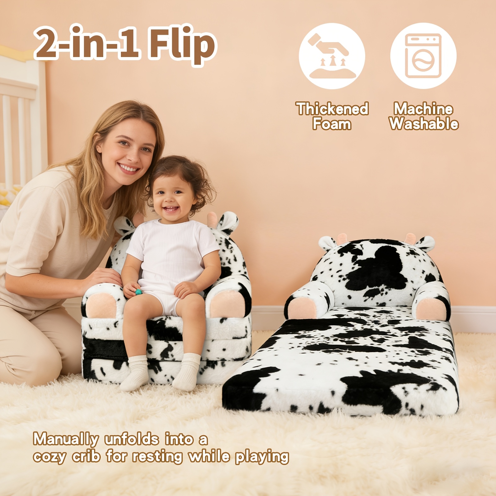 Kids Chair Plush with Removable Cover, Kids Sofa to Lounger, Kids Couch for Kids Over 18 Months, Toddler Recliners for Kids (Cow)