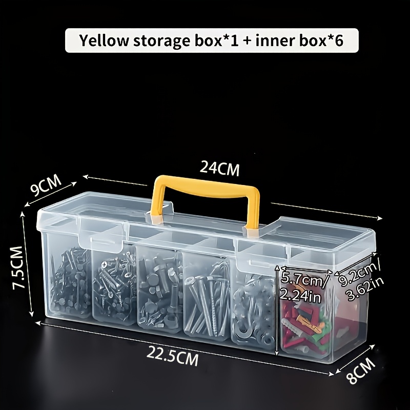 TEMU 7pcs (6pcs Small Boxes And 1pc Large Box) Tool Parts Storage Box, Multi-compartment Handheld Transparent Tool Organizer, Home Screw, Wrench,