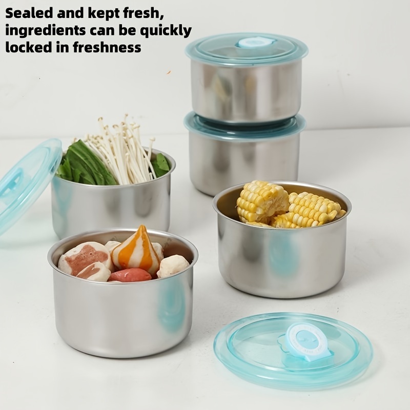 

4pcs, Stainless -keeping Bowl, Round With Sealed Lid, Anti-cross Refrigeration Box, Food Freezing Box, Fruit Lunch Box, , Sealed Box, Kitchen, Refrigerator, Picnic, Camping Storage Box