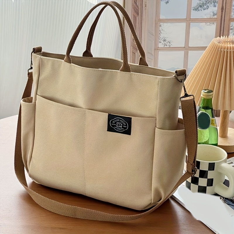 

Women's Japanese Style Canvas Tote Bag, Multi-pocket, Versatile, Large Capacity, Shoulder & Crossbody, Durable, Solid Color, Black & Beige, Polyester Lining, Zipper Closure, No Oil Edging