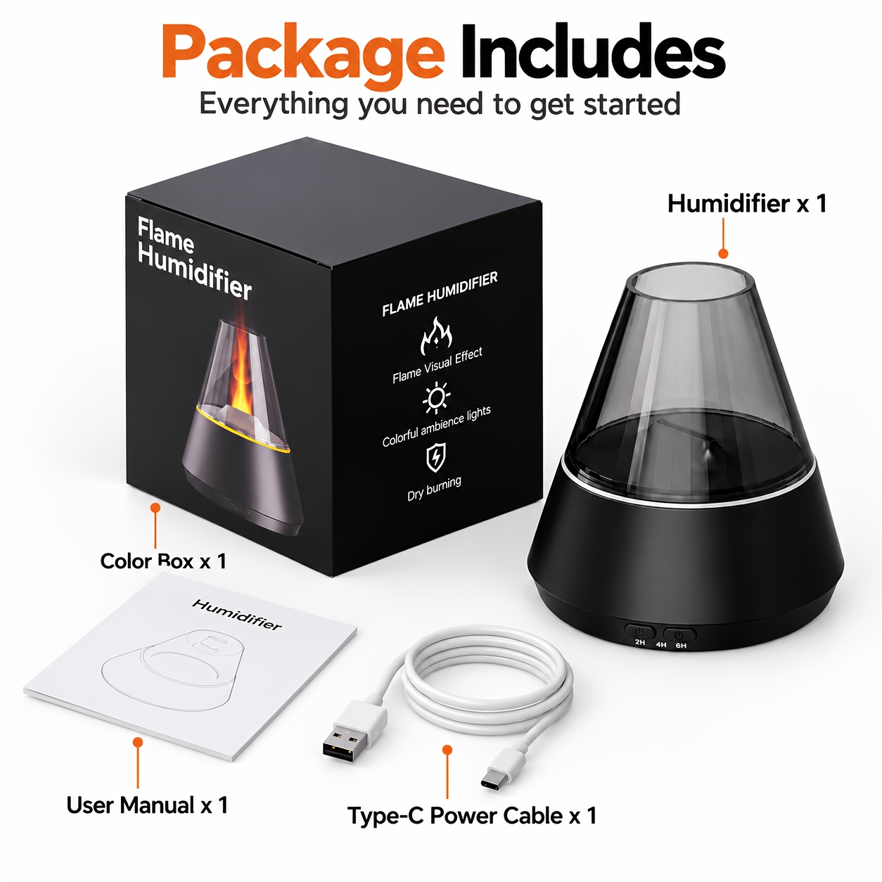 TEMU Triangle Flame Humidifier 135ml, Simulated Flame Ambient Light, Technology Fine Mist, Type-c Power Supply