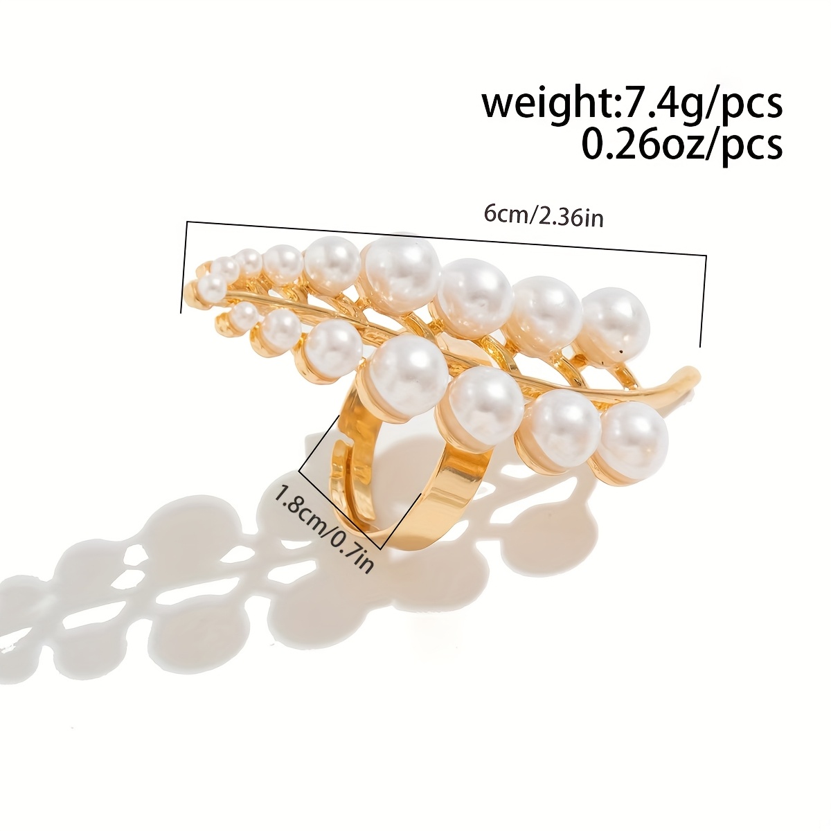 Elegant Long Imitation Pearl Leaf Ring - Golden-Toned Alloy with Imitation Imitation Pearl, Stylish Everyday & Party Jewelry for Women
