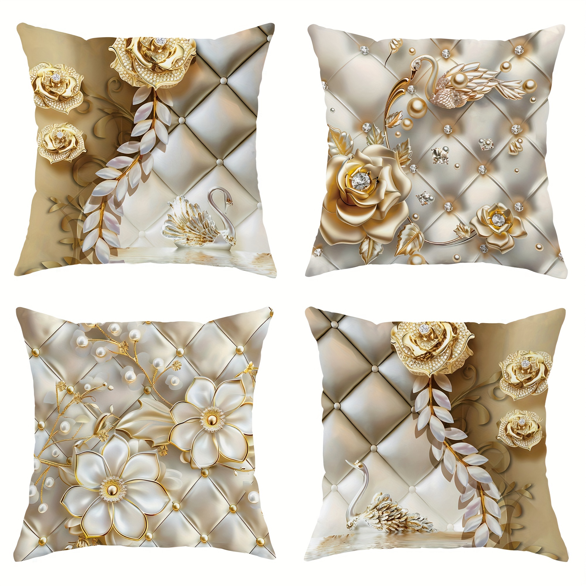 

4pcs And Elegant Golden Floral Pillowcase Suitable For Living Room, Bedroom, Sofa, Bed, Hotel, No Pillow , Single-sided Printing Decoration