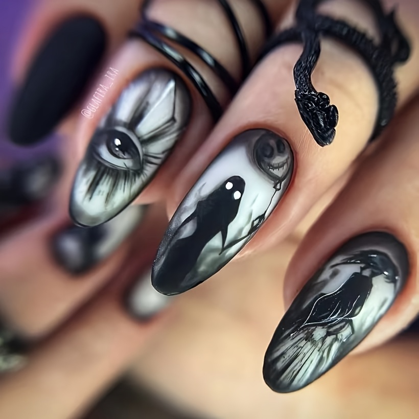 E-shop Dark Crow Aufklebenägel, schwarz-weiße handbemalte Dämonenauge-lange Nagelspitzen, einzigartige Nagelkunst mit Halloween-Horror-Thema