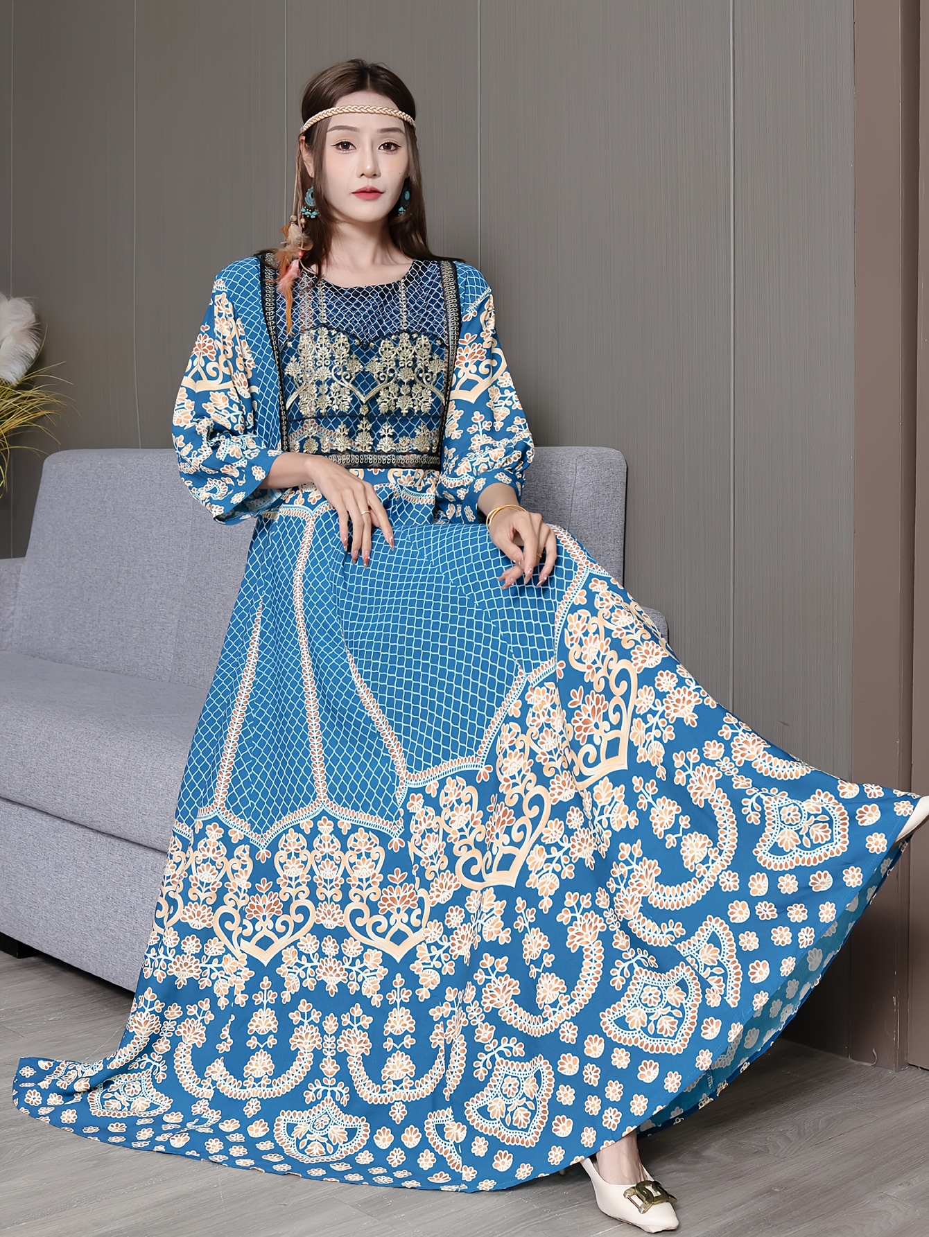 middle eastern bohemian style embroidered maxi dress ethnic - Temu