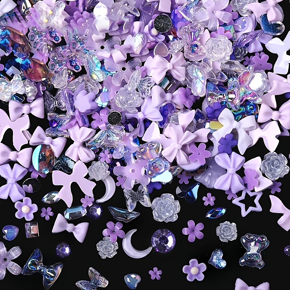TEMU 100 Stück niedliche lila Harz-Dekorperlen, Kawaii-Bär-, Schleifen-, Stern-, Mond-Anhänger für DIY-Nagelkunst, Haarklammern & Bastelprojekte