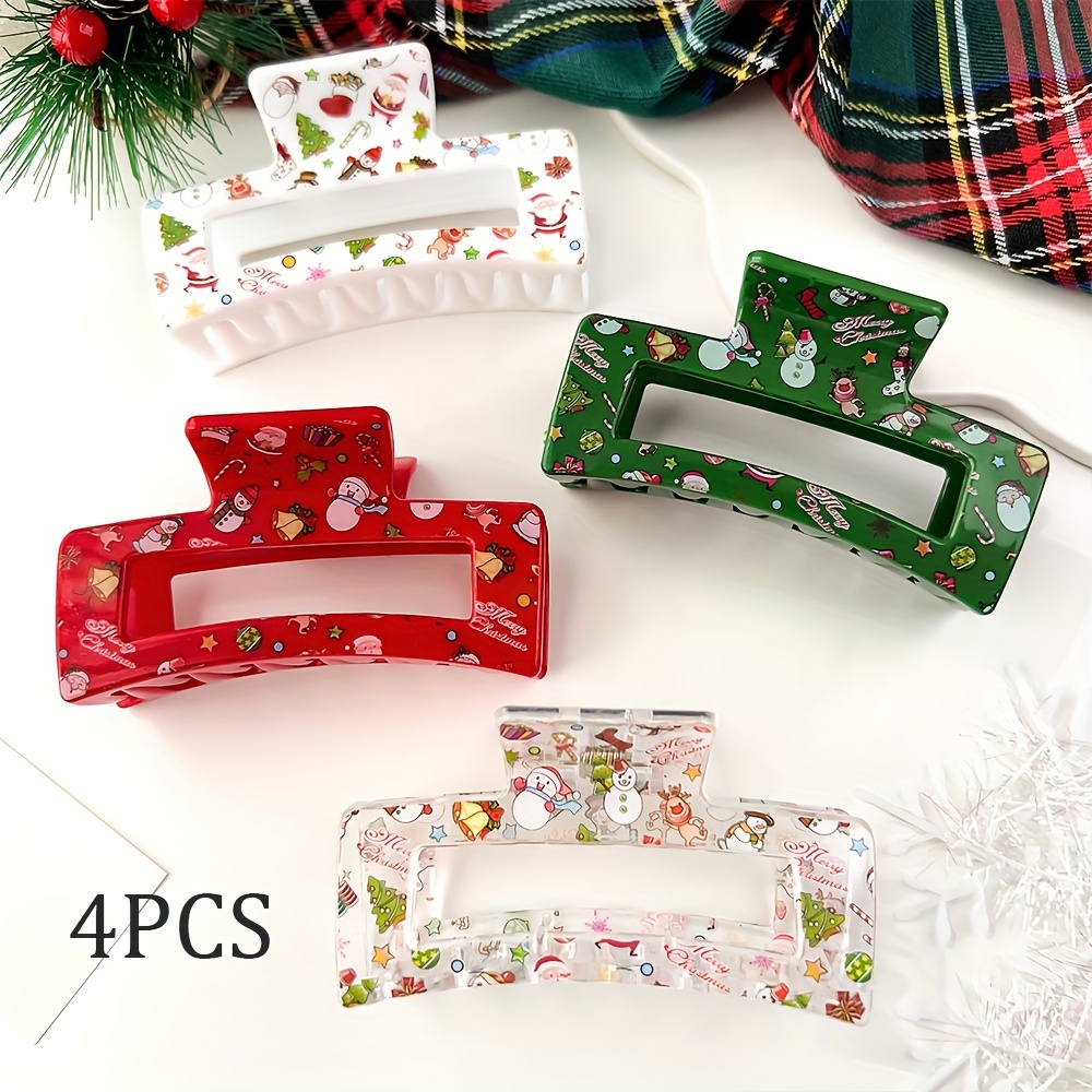 4pcs Christmas Theme Hair Clips, Snowman, Santa Claus, Reindeer Print Fashion Hair Claw Clips, Suitable For Parties, Balls, For Women And