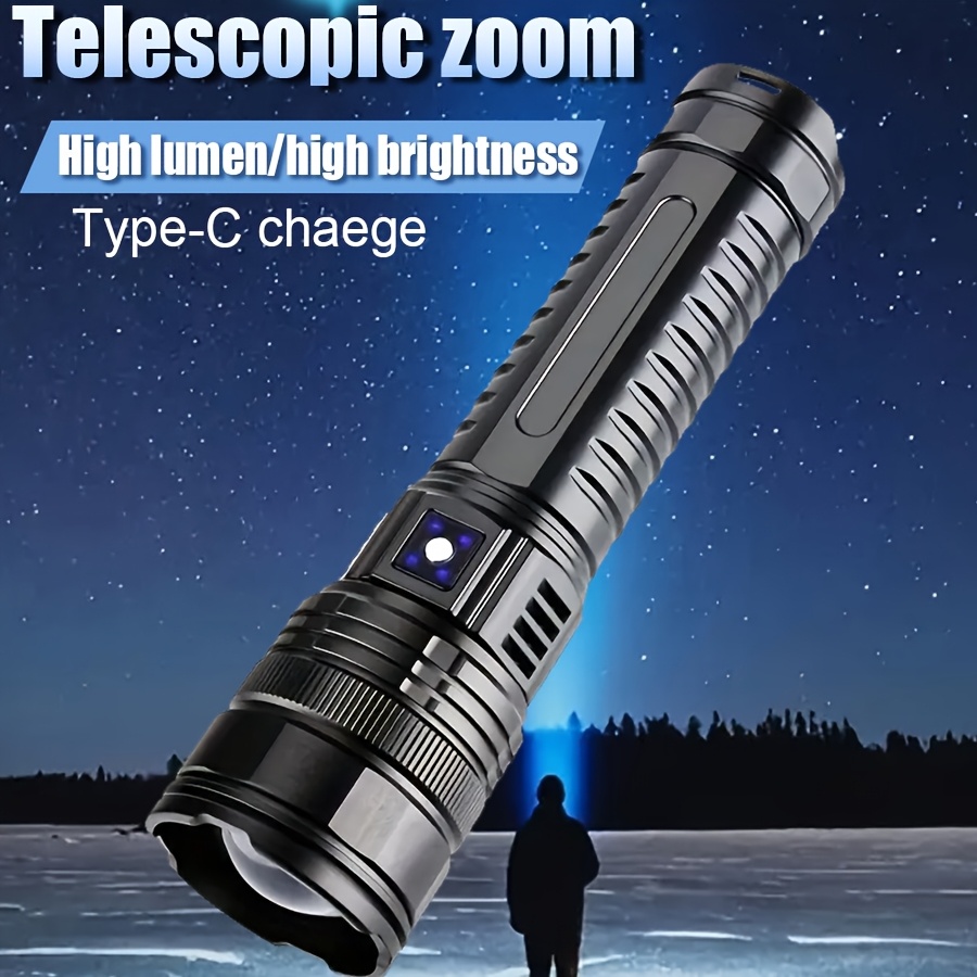 TEMU 1pc Flashlight, Using Rechargeable Lithium Battery, Expandable Zoom, With Cob Lighting At The Tail, Comes With A Strap Rope, Very Suitable For Outdoor Hiking, Exploration, And Fishing Activities