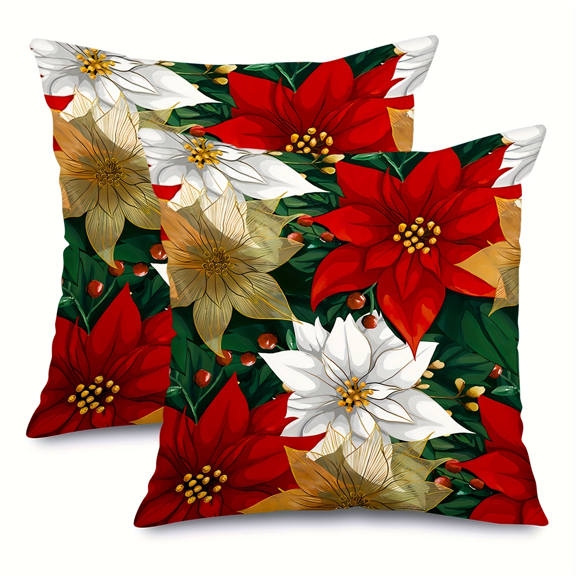 

2-pack Christmas Poinsettia Throw Pillow Covers, Contemporary Zippered Polyester Cushion Cases, Seasonal , Machine Washable, For Home Decor - Single Sided Print (no Insert)