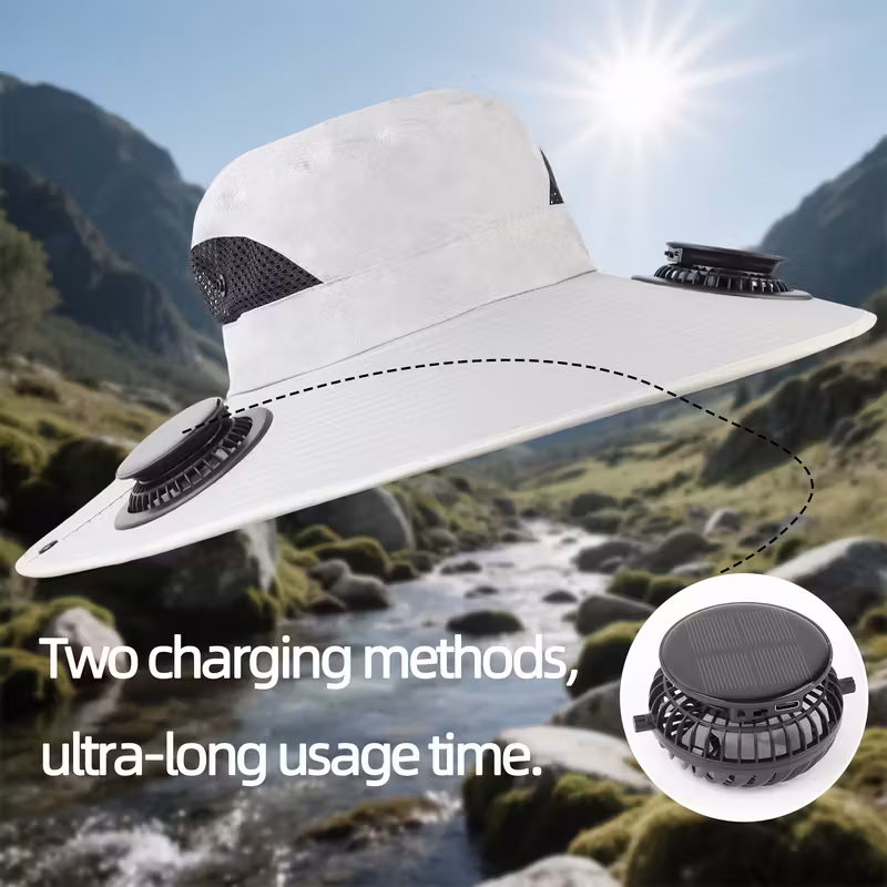 solar fan hat outdoor wide brim bucket with 2 x 180 adjustable fans upf 50 usb solar powered for beach camping hiking Product details 5