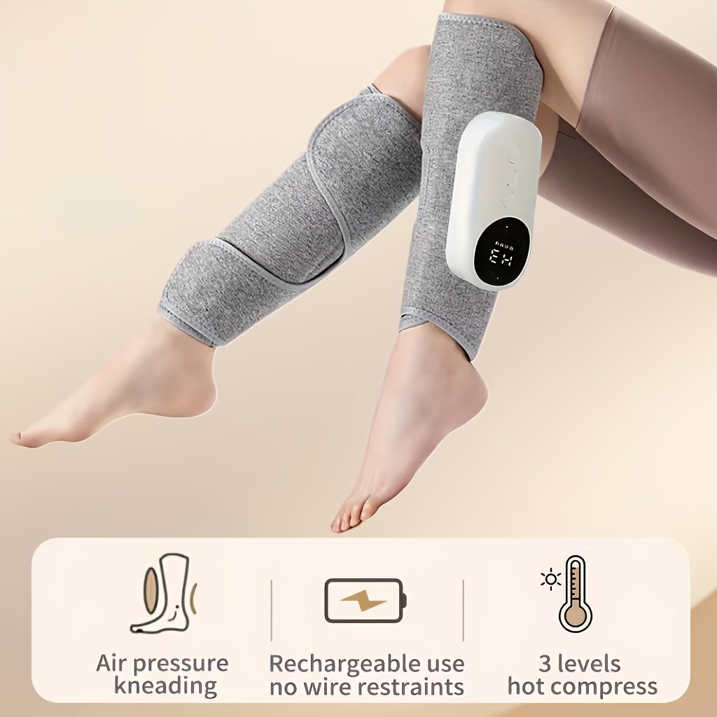 air compression leg massager rechargeable with a 2000mah battery featuring 3   levels   temperature settings   with a 2000mah lithium polymer battery its portable and suitable for calves thighs and knees Product details 2