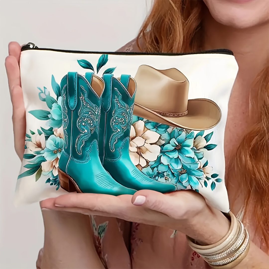 TEMU 1pc, A Vibrant Cowboy Boot-themed Makeup Bag With A Floral Hat Design And Western Style, Cosmetics Storage Bag, Portable Toiletry Storage Bag,