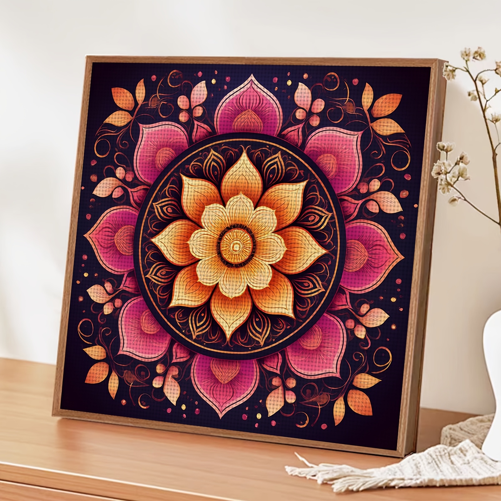 Frameless Cross-Stitch Kit, Golden Mandala Floral Pattern