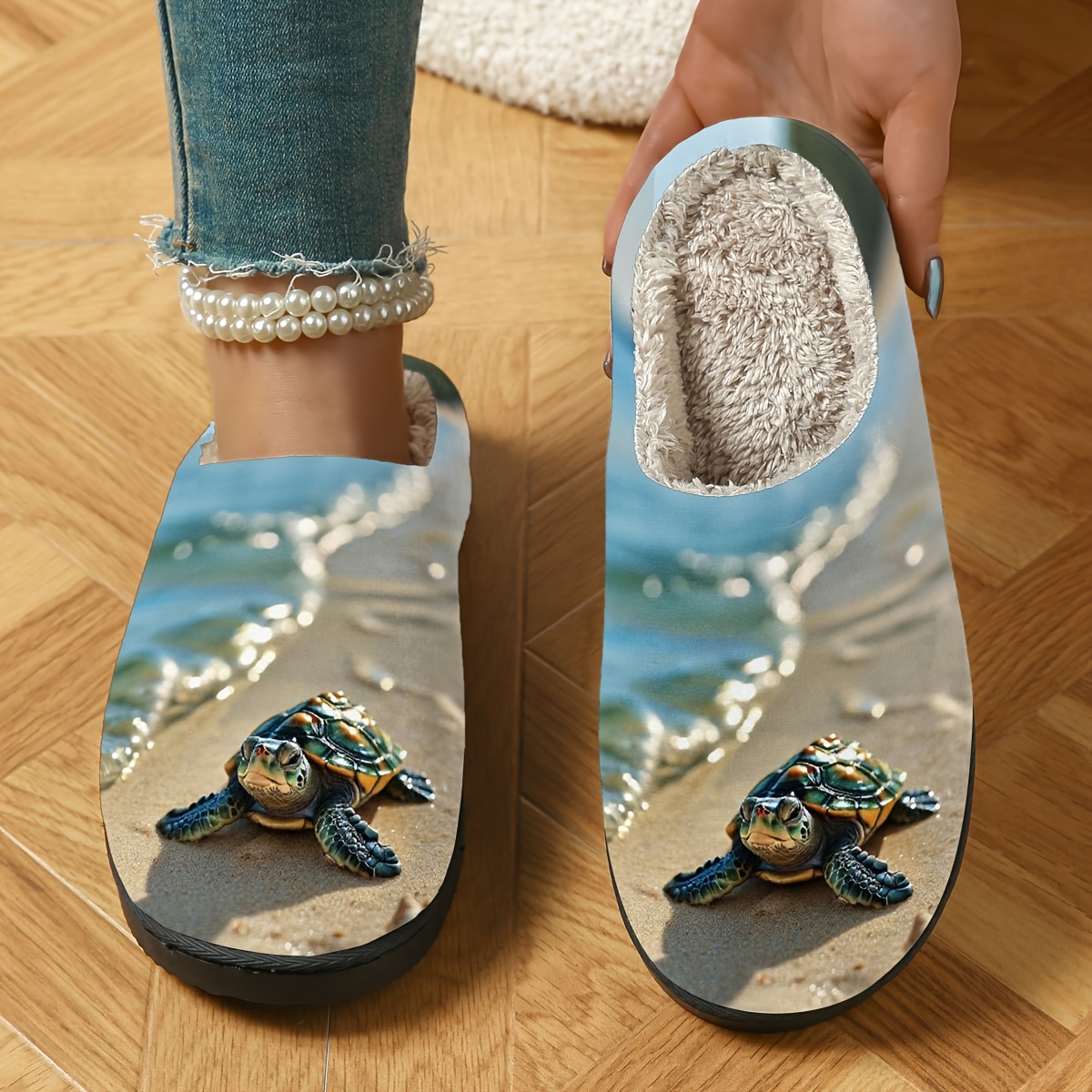 womens sea turtle print indoor slippers soft plush lined Temu