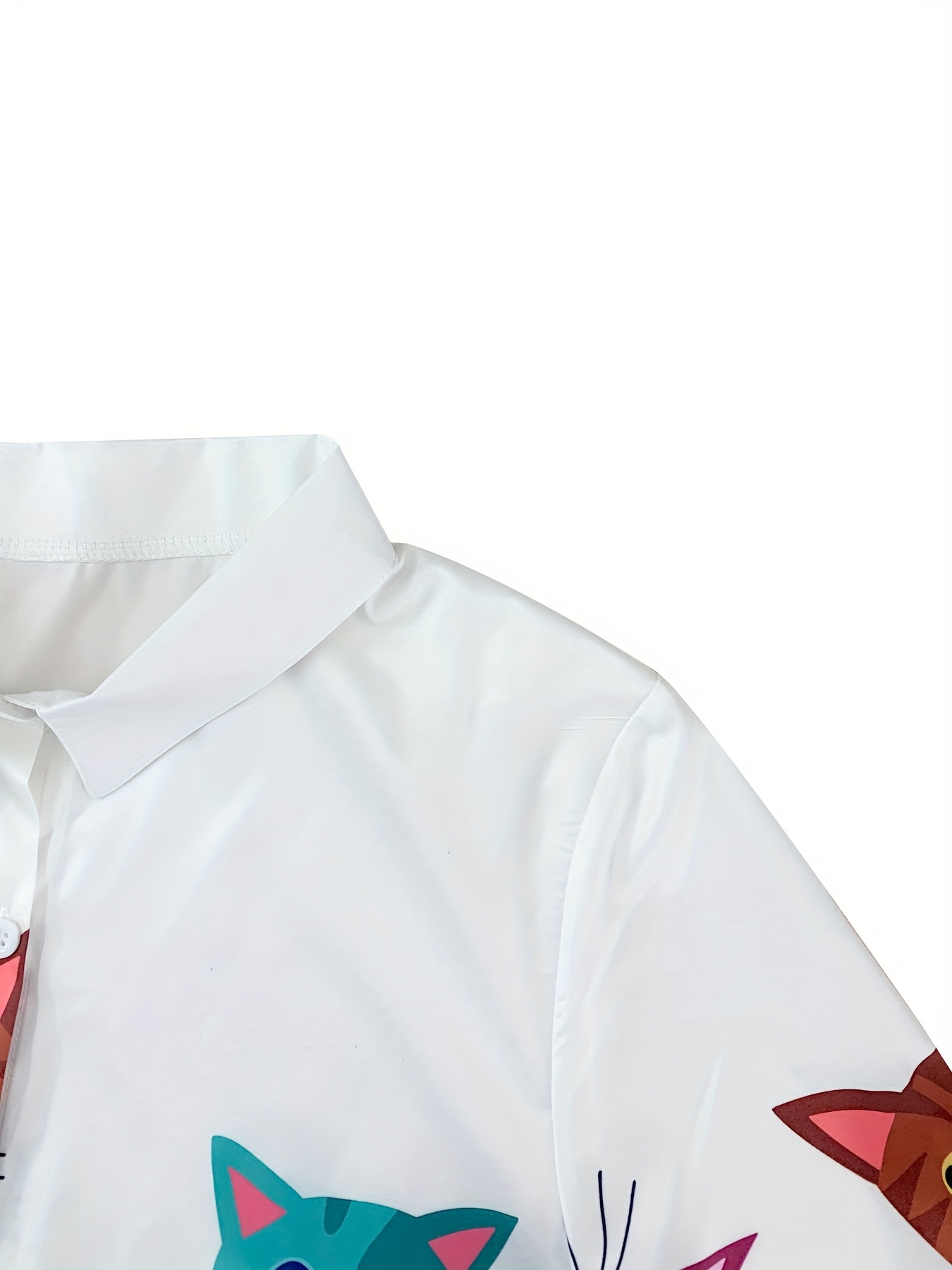 Women's Elegant Casual Short Sleeve Shirt Cartoon Cat Print with  Colorful Bow Ties, Button-Up Collar Lightweight Spring/Summer Top, Machine