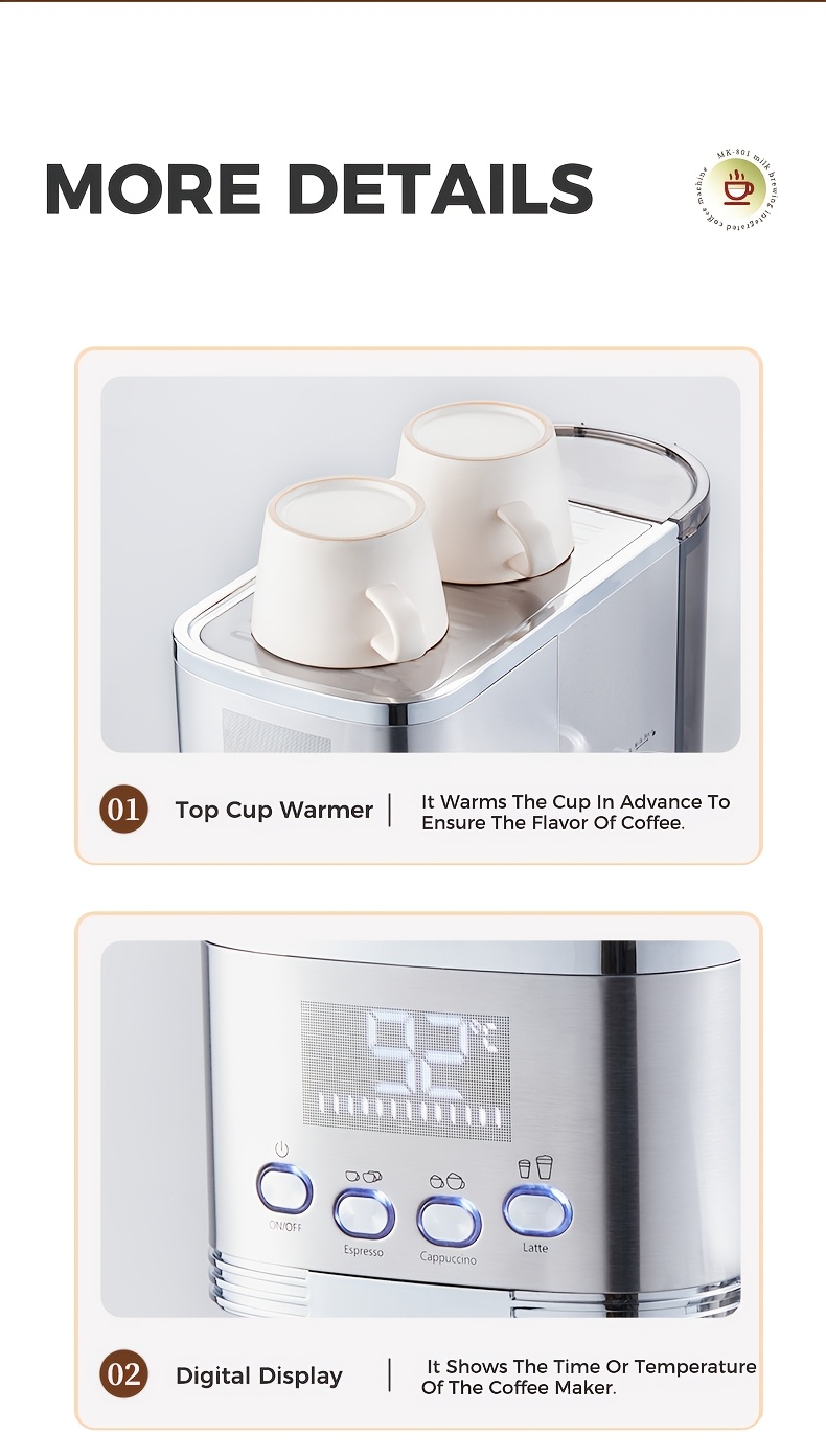 CAFELFFE Semi-Automatic Espresso Machine MK801 with Automatic Milk Frothing System, One-Touch Operation for Espresso, Latte & Cappuccino, 20BAR High Pressure, 1.3L Water Tank & 0.7L Milk Tank, Self-Cleaning Function, 1350W Power, 220-240V, Italian Semi-Automatic Coffee Maker with Digital Display & Temperature Control, Compact Design for Home & Office Use, Ideal for Coffee Lovers & Small Businesses, Cappuccino Machine, Latte Brewing, Modern Espresso, Sleek Coffee Maker, Durable, Coffee