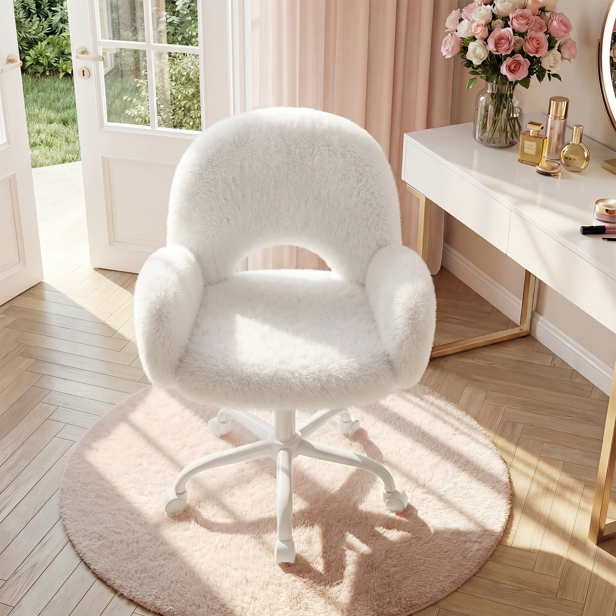 office chair swivel chair desk chair makeup vanity chair adjustable height armrests 150kg load soft fluffy faux fur fabric thickened seat cushion for home office study bedroom