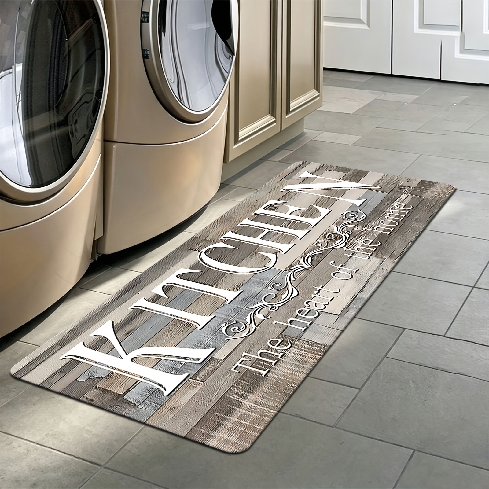 Image of 1pc Of Golden Diamond Velvet Polyester Kitchen Mat, Non-slip For Bathroom, Entryway, Living Room, Dining Room, And Laundry Room - Hand Washable With Brown Wooden Plank Design, Suitable For Home Decor