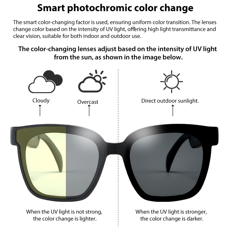 Gafas inteligentes con lentes de oscurecimiento automático, se convierten en gafas de moda bajo la luz solar, micrófono y altavoz integrados, llamadas en alta definición y calidad de audio HiFi, ideales para deportes, manejo, pesca y uso diario en casa, preferidas por hombres y mujeres, perfectas como regalo en días festivos - Imagen 16