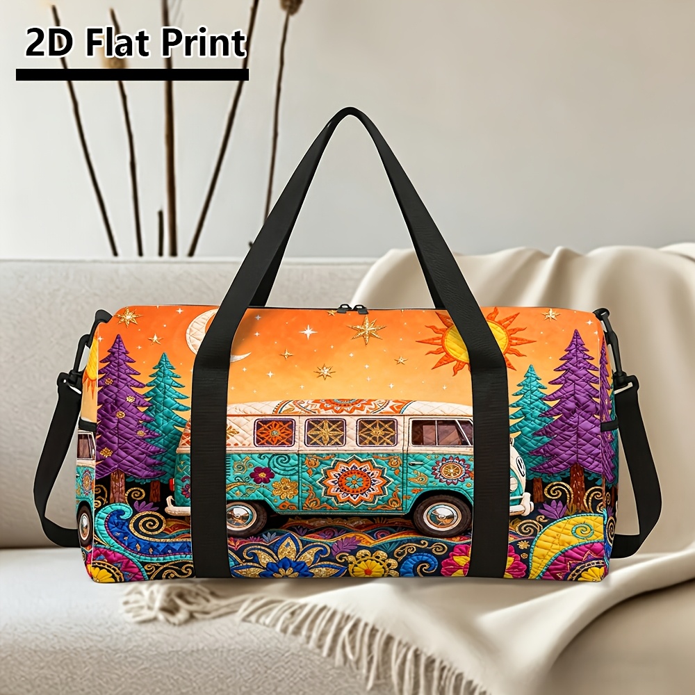 TEMU 1pc Laptop Handbag Computer Bag Vintage Hippie Print With Trees Sun Stars Paisley Pattern Casual Travel Duffel Bag