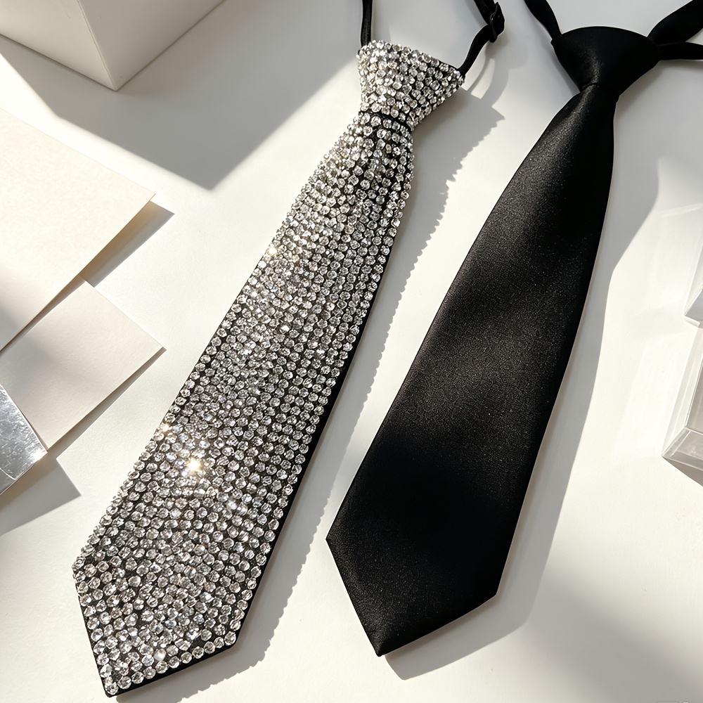 TEMU Unisex Full Diamond Sparkling Exquisite Tie, Shiny, Giftable, Couple Style, Best Friend Style, Wide , Essential For Parties Christmas Gift