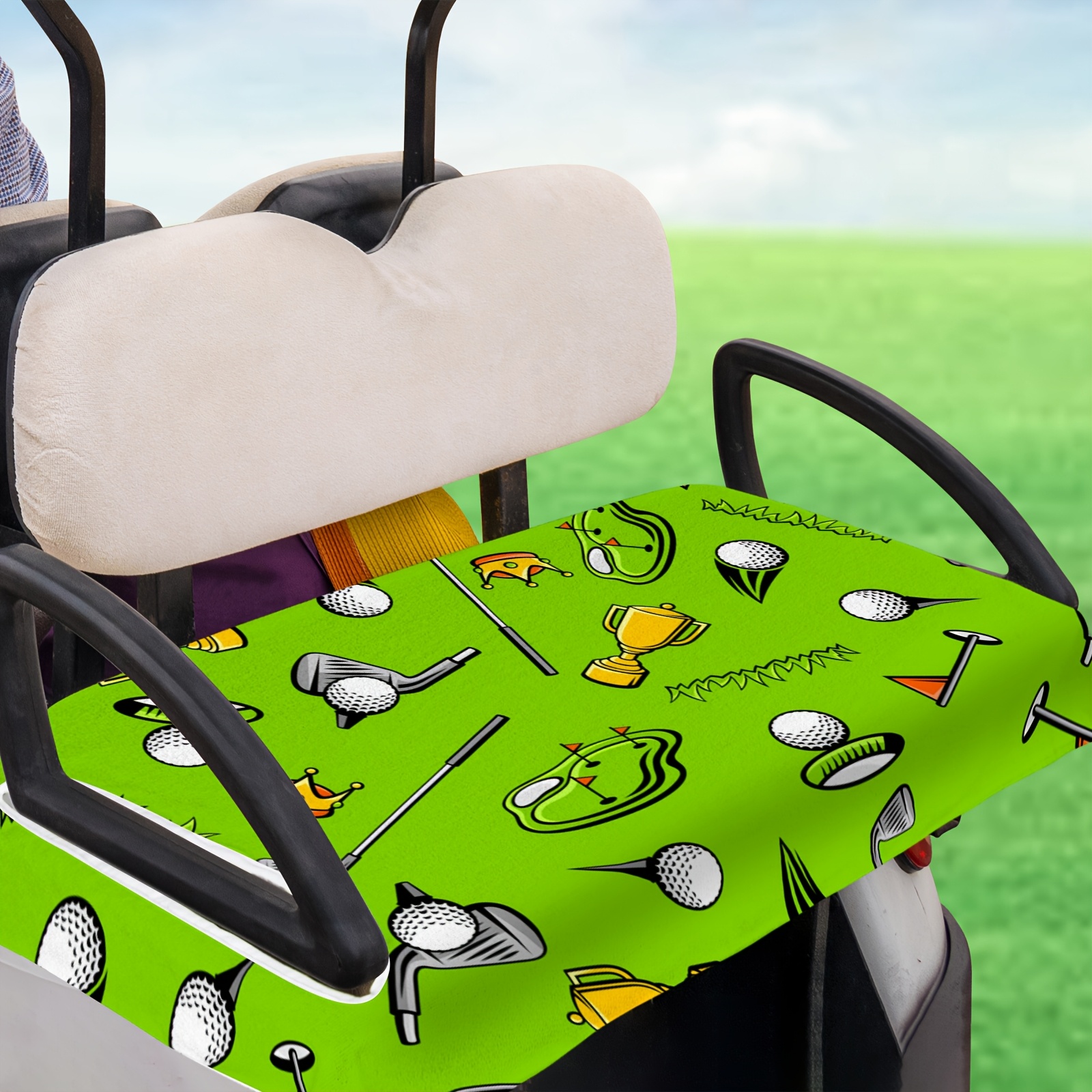 TEMU Portable Lightweight Golf Cart Seat Cover - Durable Polyester, Green With White Golf Ball Patterns, Ideal For Outdoor Car Use, Golf Cart Accessories