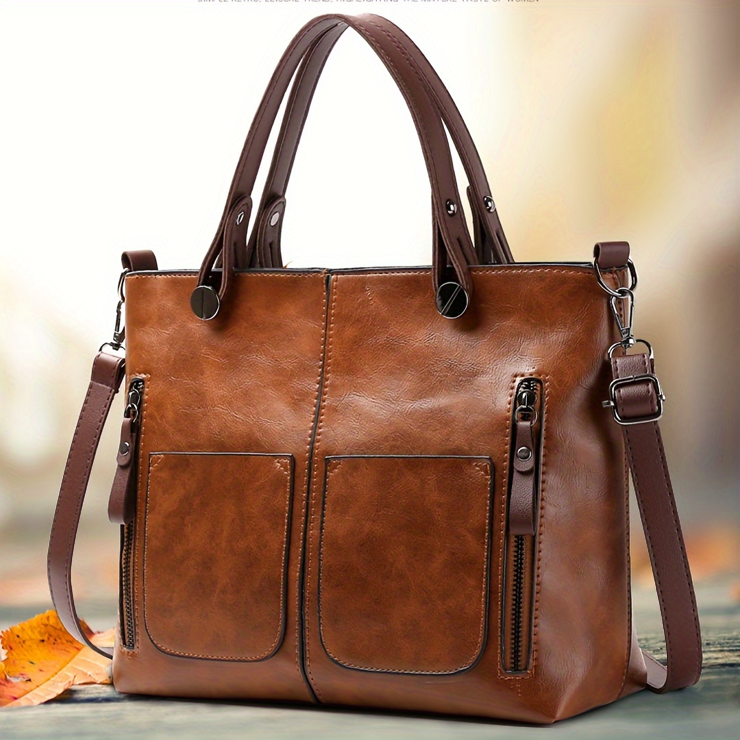 

Fashion Women's Tote Bag Large Capacity Vintage Pu Leather Shoulder Handbag With Zipper Closure And Polyester For Casual Work Travel - Dark Brown Solid Color