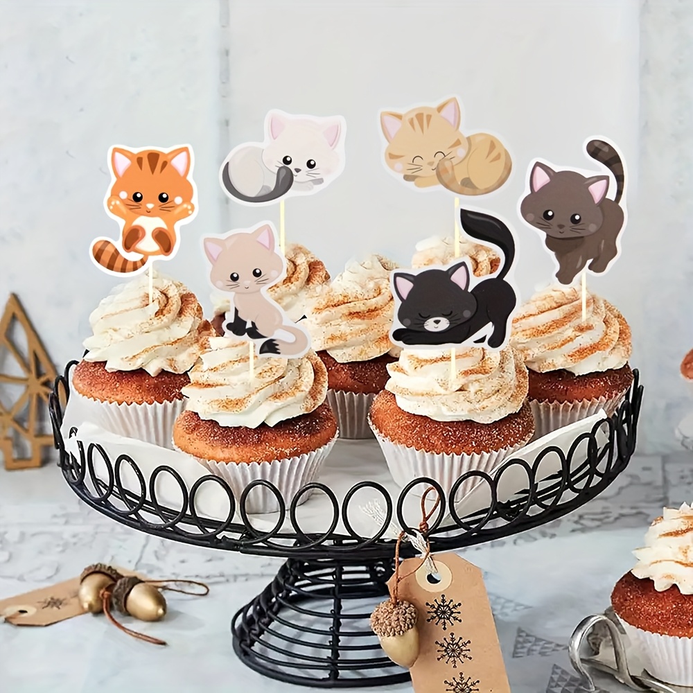 24 Stück Katzen Cupcake-Topper - Schwarz Glitzer, Aus Papier, 6,5-6,6 Cm Breit, 9,9-10 Cm Hoch, Für Mottopartys