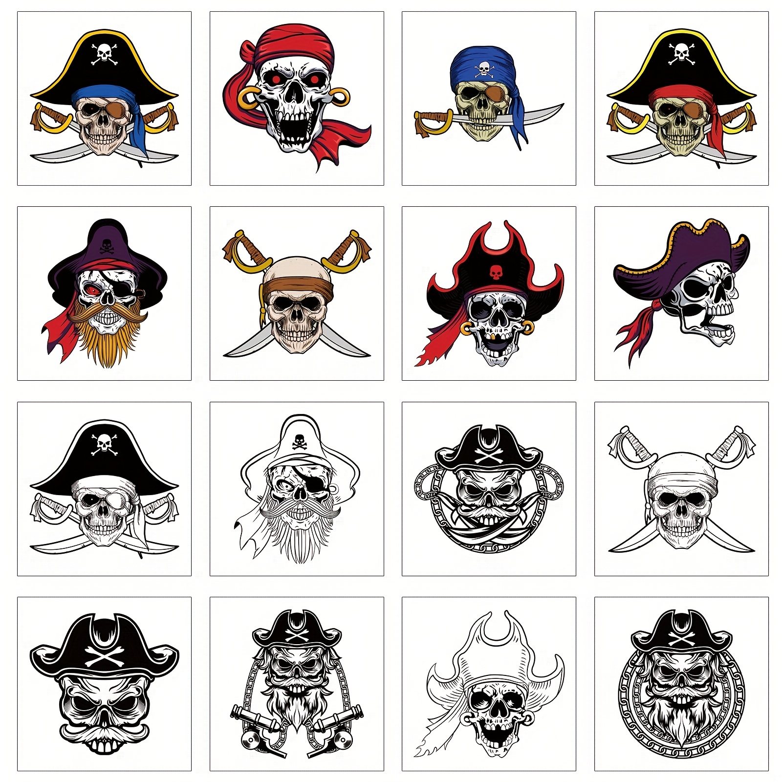 Image of 16 Sheets Pirate Temporary Tattoos, Pirate-themed Party Decoration Supplies, Waterproof And Long-lasting Fake Tattoo Stickers, Body Art, Size: 6x6cm