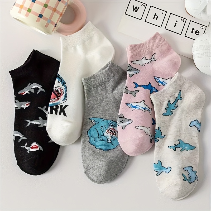 5 Pairs Of Unisex Cartoon Shark Breathable Socks