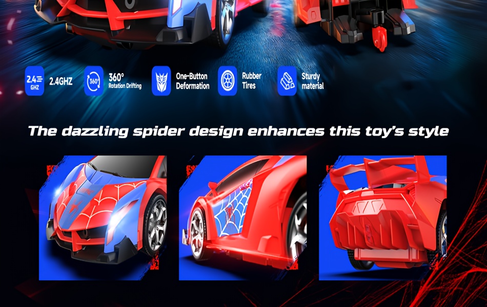DEERC 1:18 Spider Transforming RC Robot Car Toys, Red Black One Key Morphing 360 Spin Auto Mode, Durable ABS Plastic for Kids Boys 6+ Collectors, Local Warehouse Fast Shipping, Special Birthday Gift, Clearance and Closeout Deal
