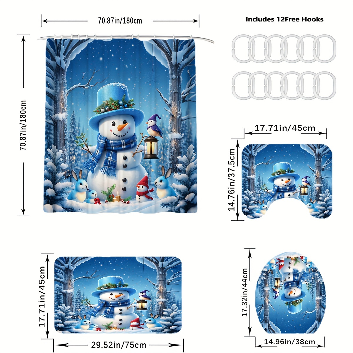 TEMU 1/4pcs Merry Christmas Blue Snowman Printed Shower Curtains Bathroom Set, Winter Shower Curtain, Polyester Fabric Shower Curtains With Hooks,