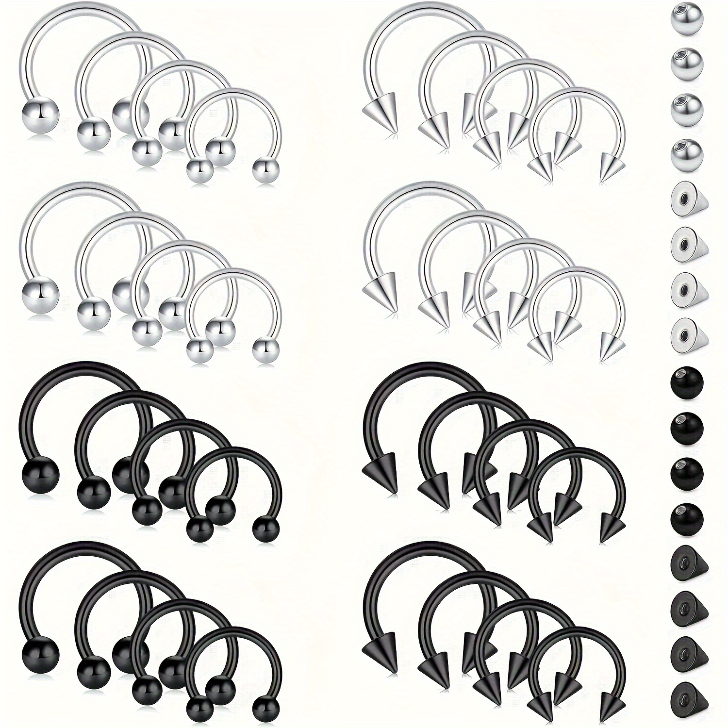 

32 Nose Rings + 16 Replacement Balls, Surgical Steel Horseshoe Rings Nose Septum Horseshoe Hoop Earring Eyebrow Tragus Lip Rings Daith Helix Piercing Jewelry For Women Men