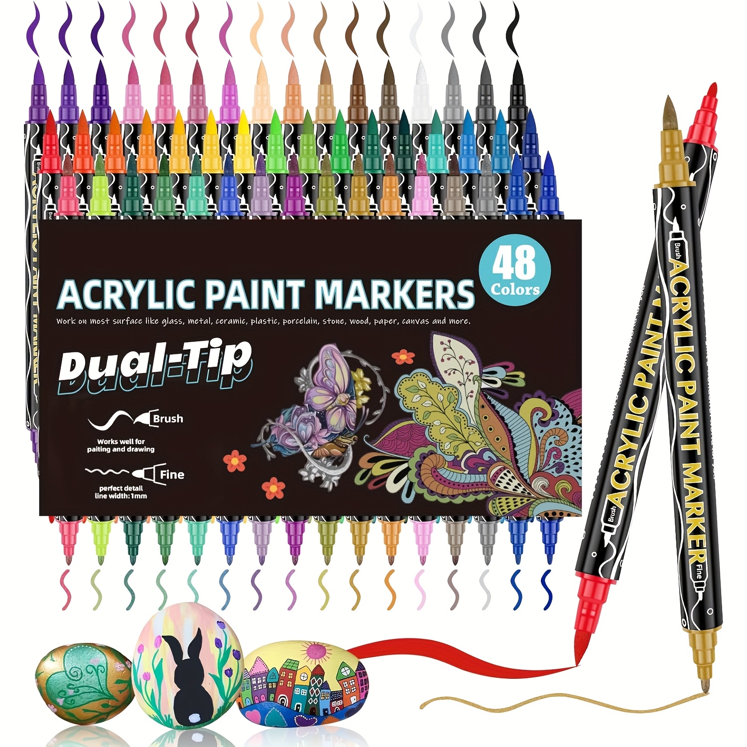 Image of Colored Acrylic Paint Pen - 48-color Double-tip Paint Marking Brush Acrylic Pen For Rock Painting, Wood, Canvas, Calligraphy, Christmas Craft Art Supplies. Supplies