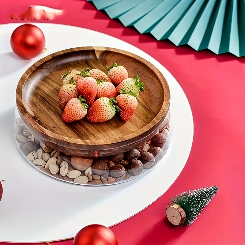 TEMU Large Glass Bowl With Locking Wood Lid - Double-layer Food-safe Glass & Wood Storage Container Suitable For Nuts, Fruits, Grains, Organizer -