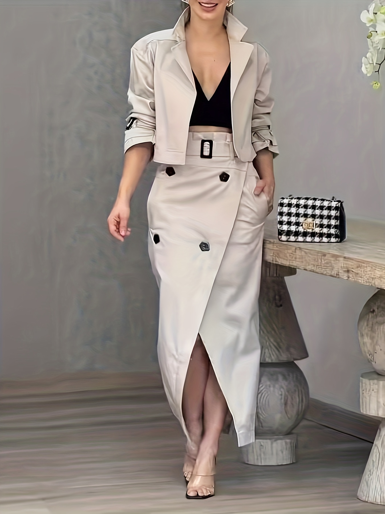 2pcs womens elegant v neck blouse skirt set long sleeve - Temu Bahrain