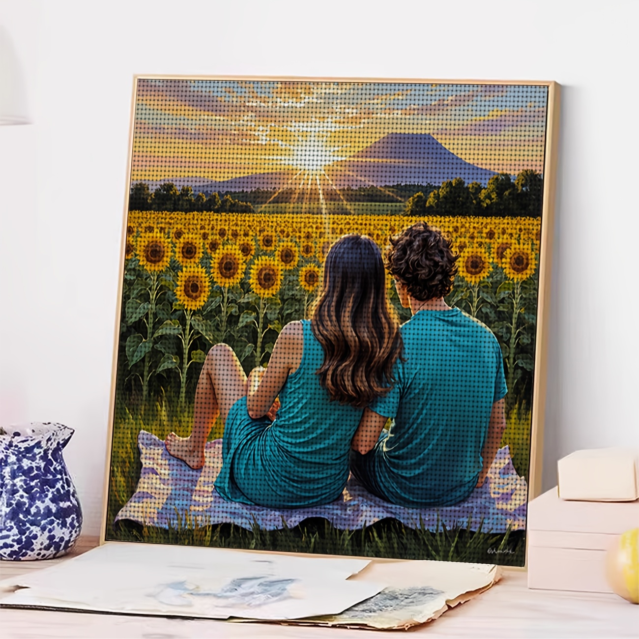 DIY Cross-Stitch Printed Kit "Two People in a Sunflower Field" for Beginners