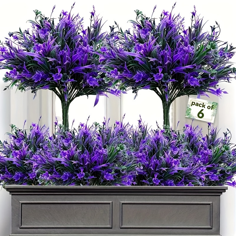 

6pcs Uv-resistant Artificial Purple Flowers With Grass - Outdoor, Balcony & Garden Decor, Includes Container