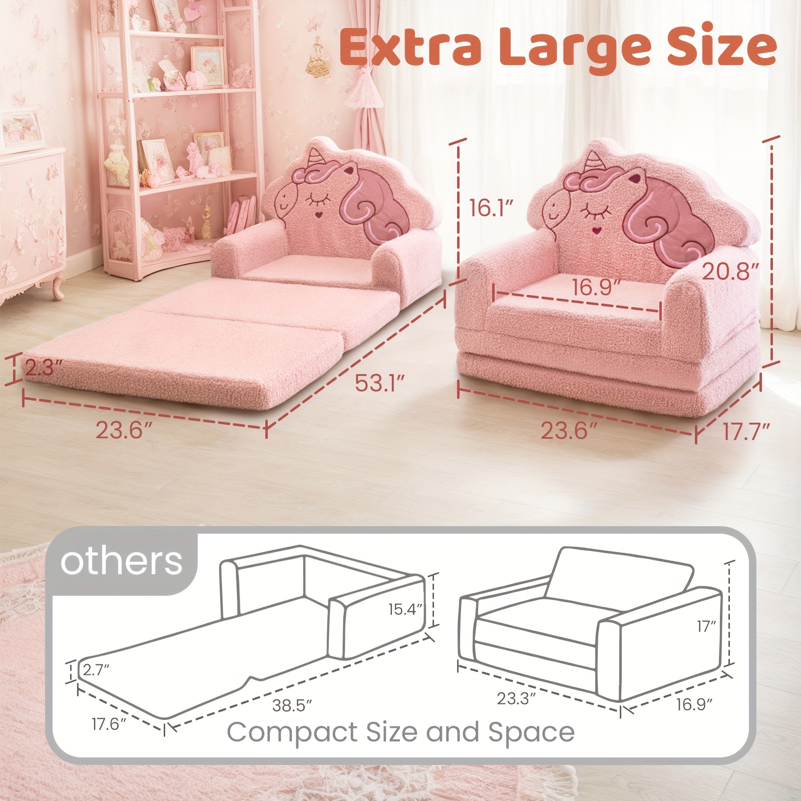 Kids Convertible Sofa To Lounger – 2-in-1 Fold Out Couch, Extra Wide, Unicorn Design, No Assembly, Teddy Fleece