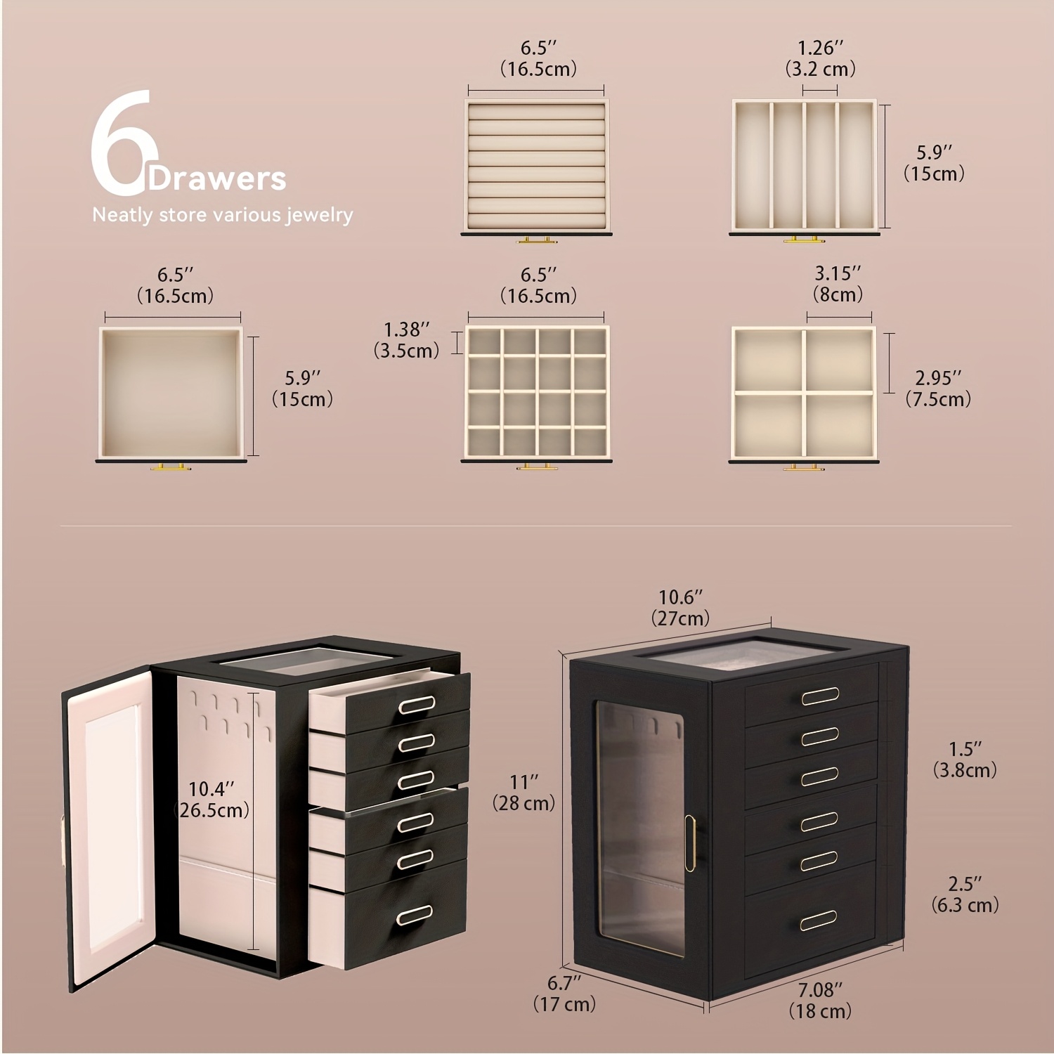 womens jewelry box 6 tier large capacity jewelry storage box top transparent viewing display case with 5 drawers and 2 side glass doors for showcasing jewelry and organizing synthetic   leather jewelry storage box   Product details 2