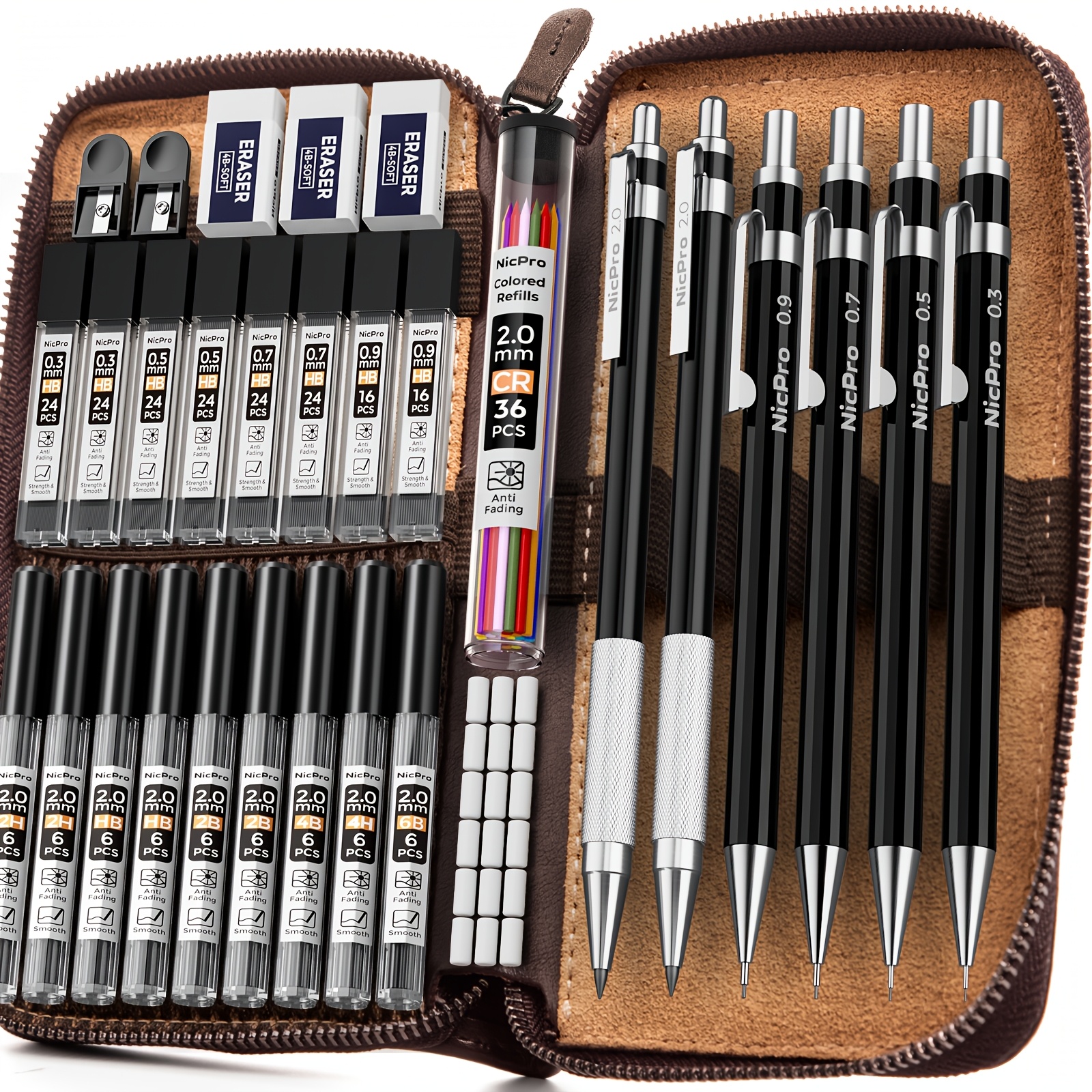 6pcs Mechanical Pencils With Leather Case, Mechanical Pencil 0.3mm, 0.5mm, 0.7mm, 0.9mm And 2.0mm For Sketching And Writing, With 18 Refill Tubes (colors 6b 4b 2b Hb 2h 4h)